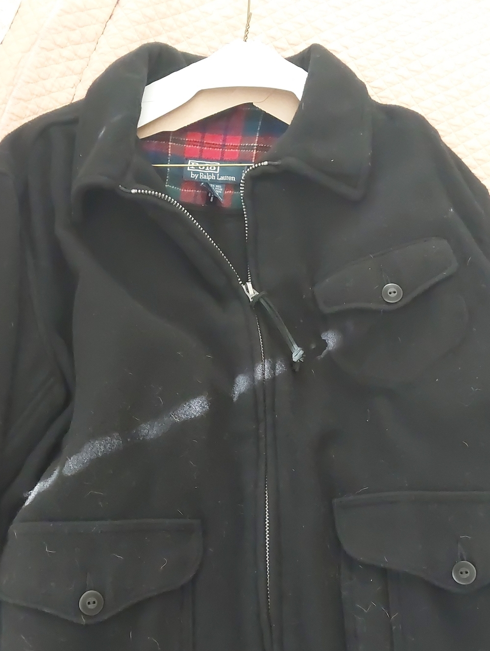 Polo by Ralph Lauren Black Wool Pea Coat with Tartan Lining
